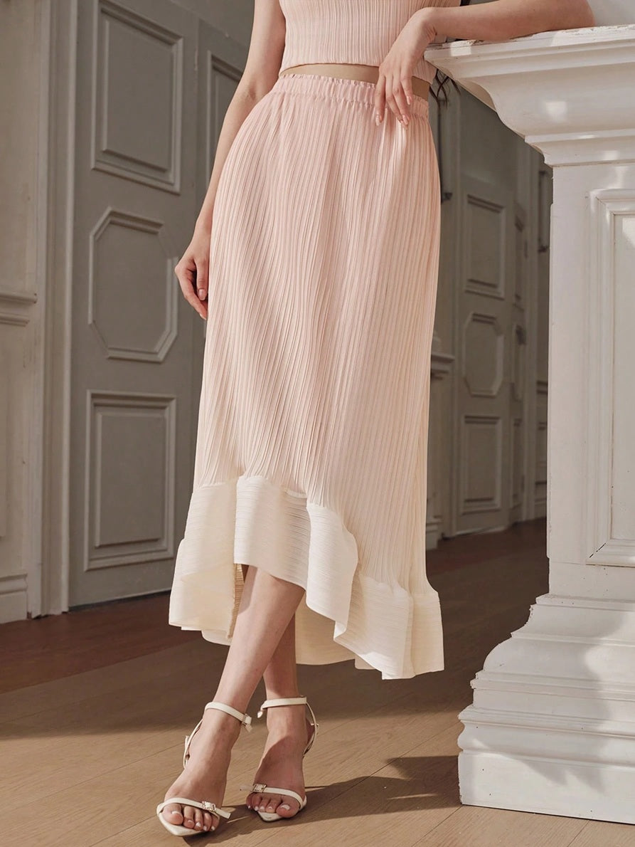 CM-BS525473 Women Elegant Seoul Style Mid Waist Pleated Gradient Color Asymmetrical Skirt - Baby Pink