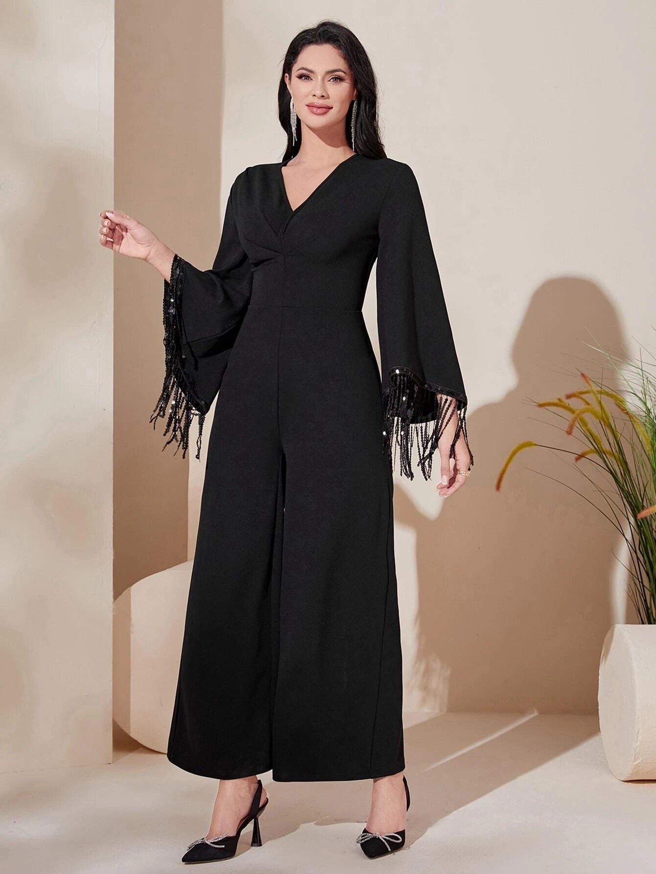 CM-JS186835 Women Elegant Seoul Style Long Sleeve Fringe Trim Wide Leg Jumpsuit - Black