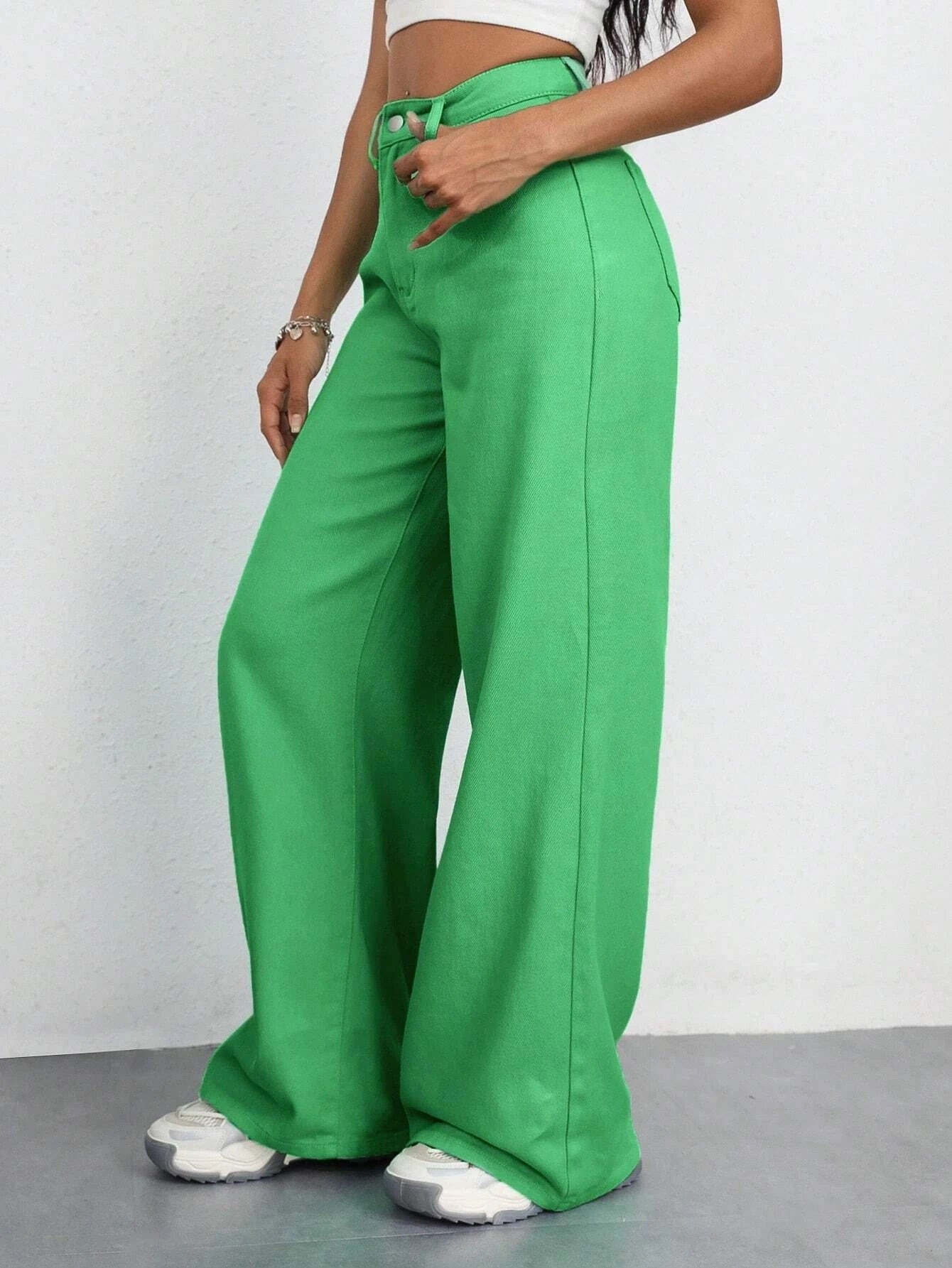 CM-BS663477 Women Casual Seoul Style High Waist Solid Wide Leg Jeans - Green