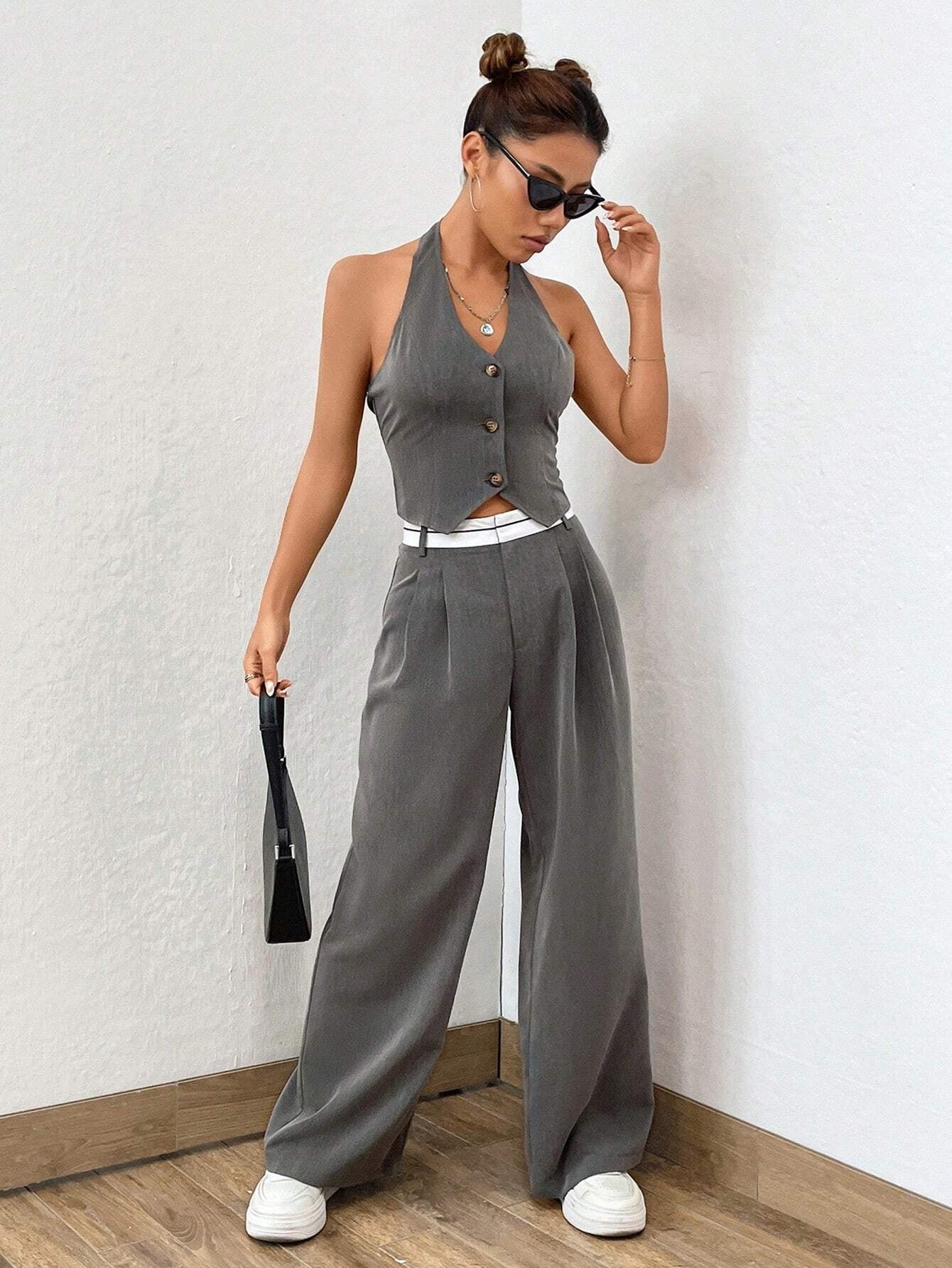 CM-SS333434 Women Casual Seoul Style Button Front Halter Top With Wide Leg Pants - Set