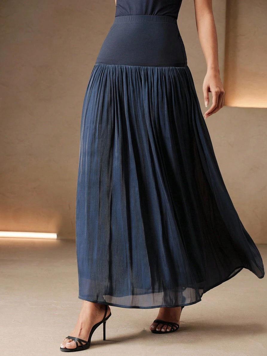 CM-BS089531 Women Elegant Seoul Style High Waist Patchwork Pleated A-Line Long Skirt - Navy Blue
