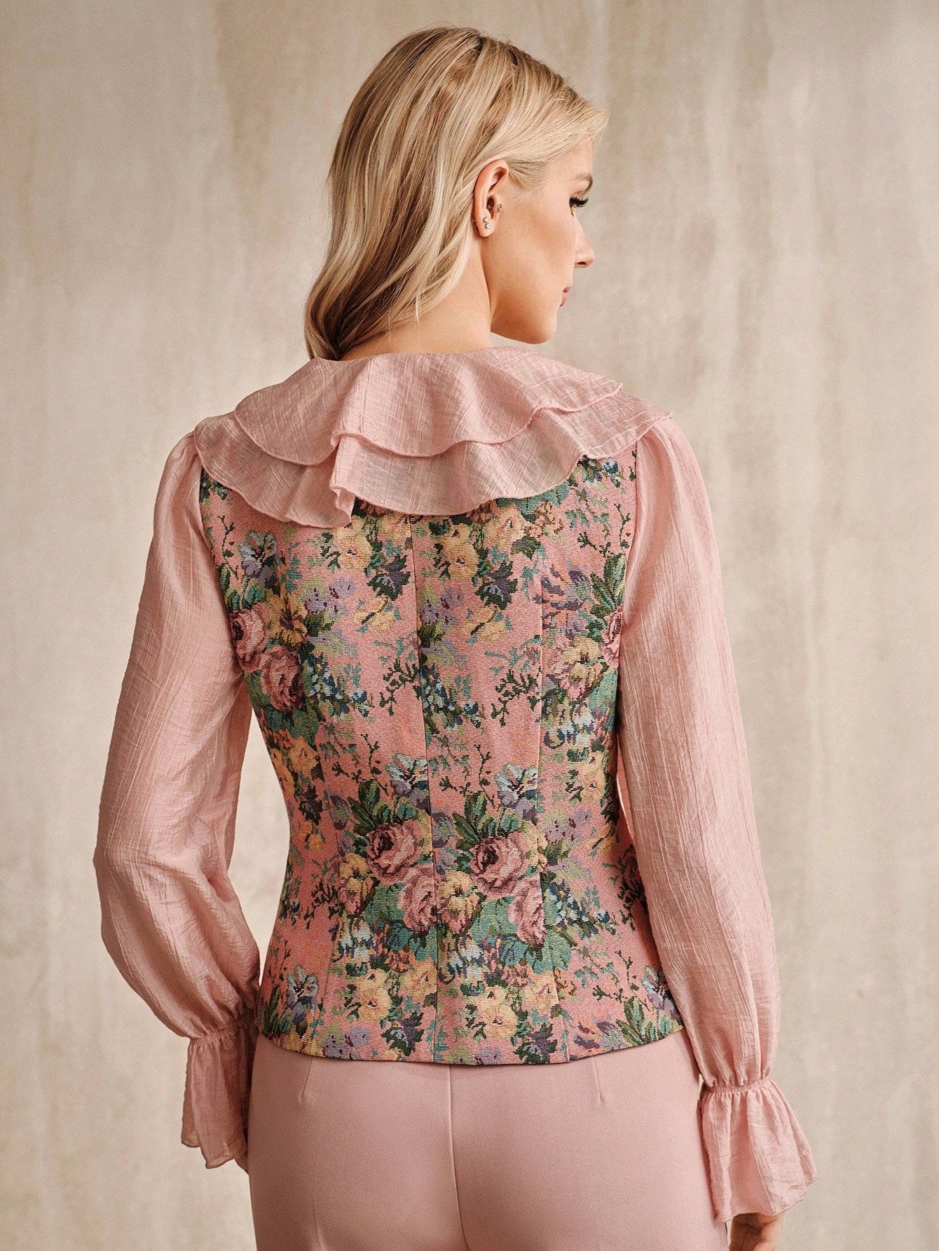CM-TS258519 Women Elegant Seoul Style Flounce Collar Extra Long Sleeve Ruffle Blouse - Pink