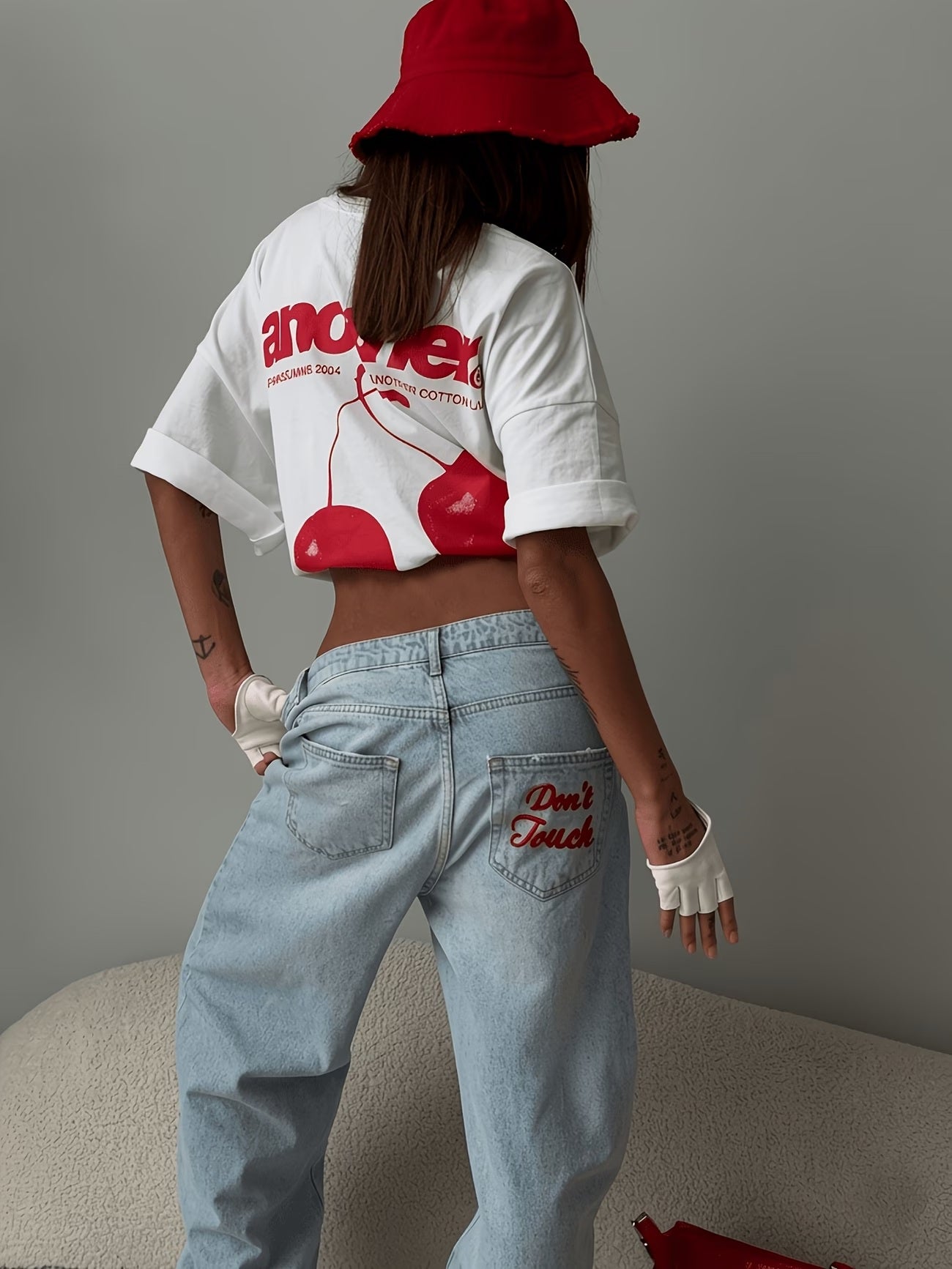 CM-BT036529 Women Casual Seoul Style Mid Waist Letter Embroidery Straight Leg Denim Pants - Blue