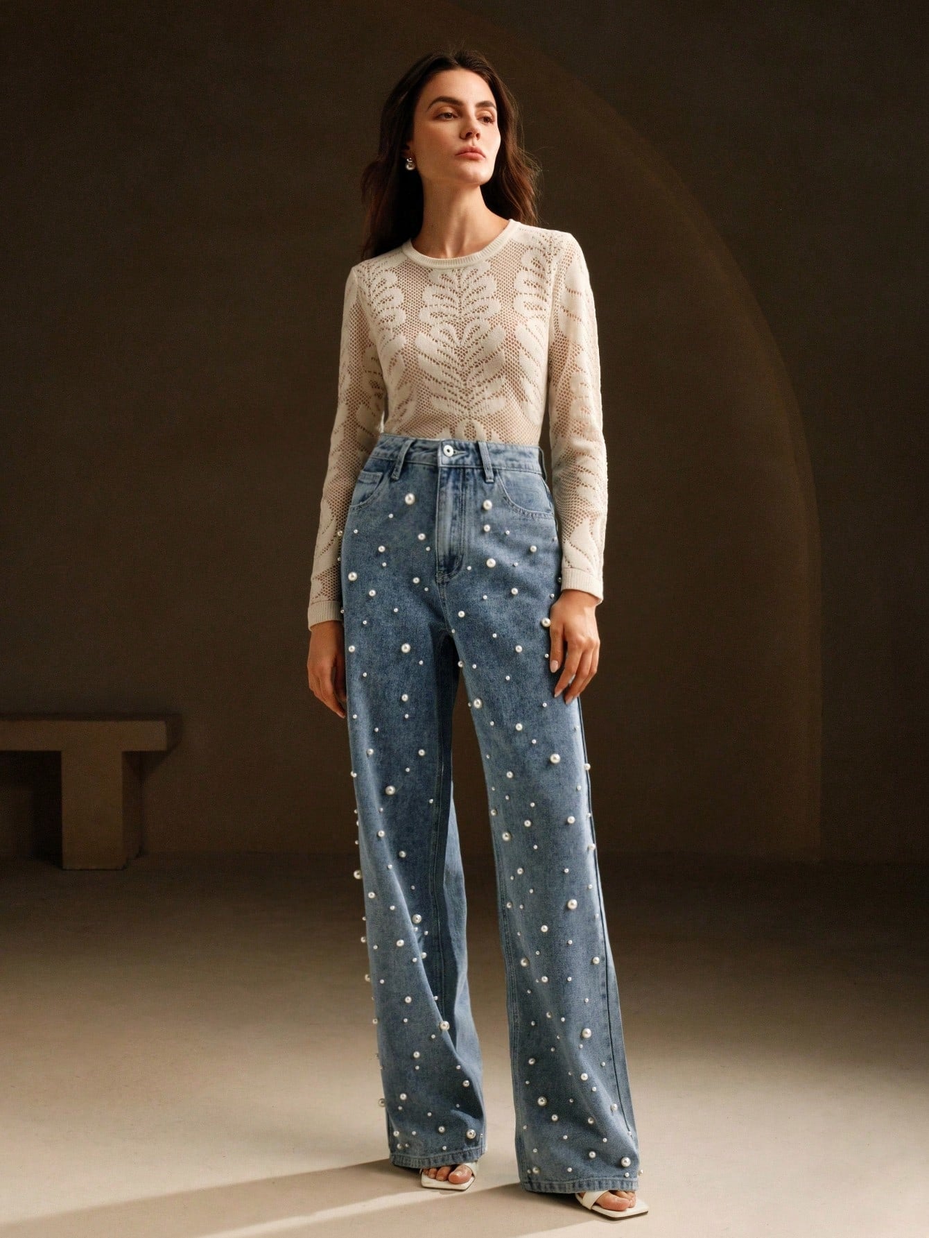 CM-BS767711 Women Elegant Seoul Style High Waist Beaded Loose Wide Leg Shiny Denim Pants - Blue