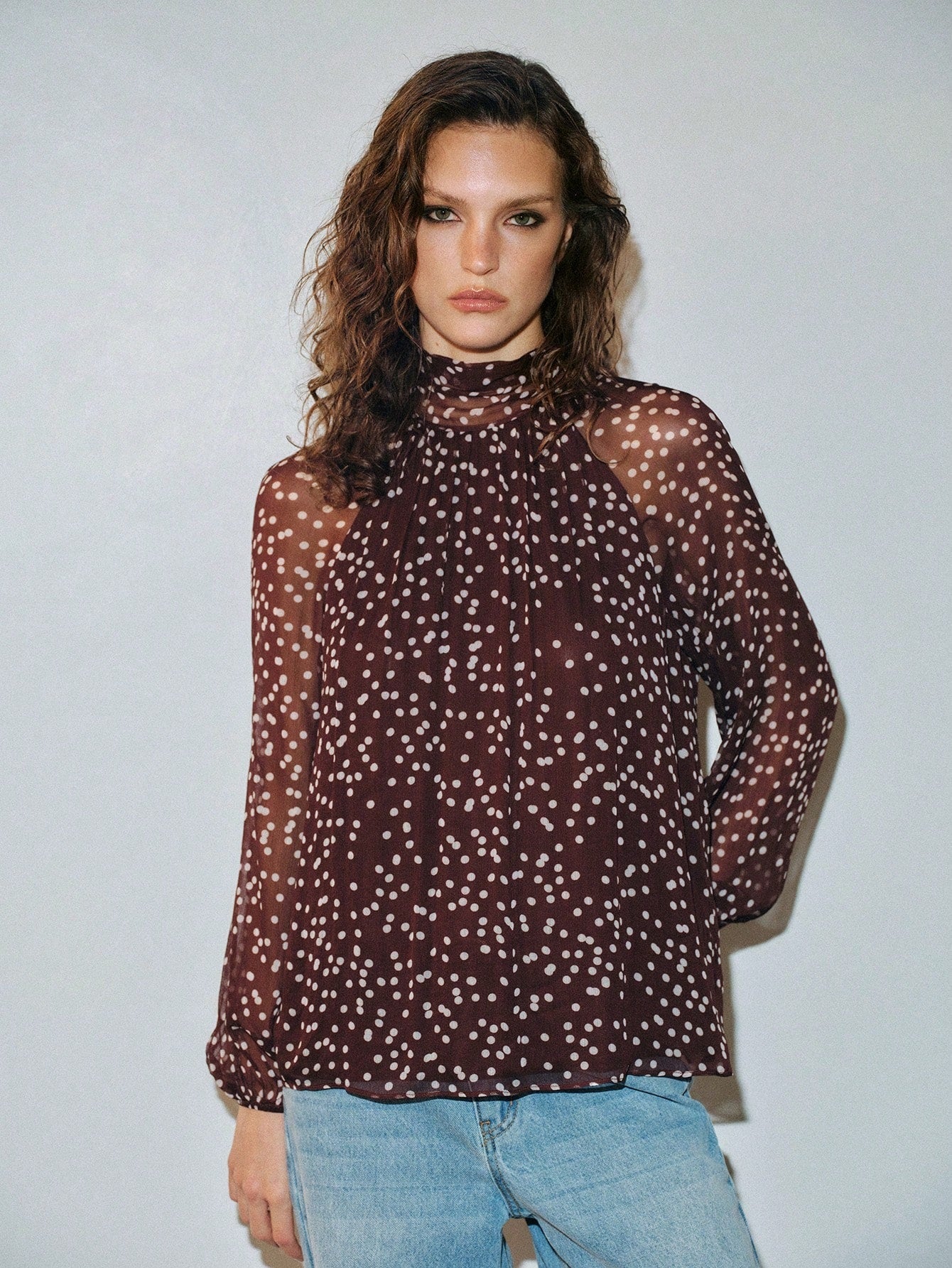 CM-TS223440 Women Elegant Seoul Style Bow Tie Long Sleeve Polka Dot Chiffon Loose Fit Blouse - Coffee Brown