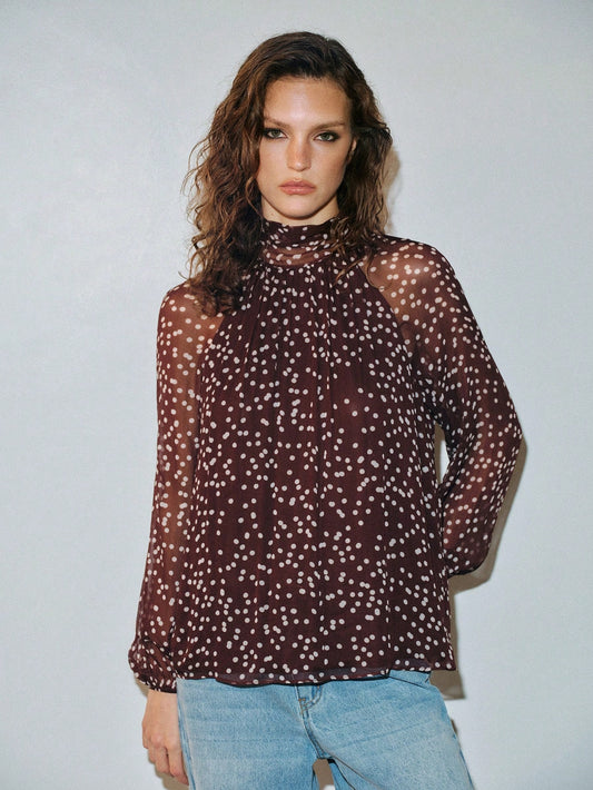 CM-TS223440 Women Elegant Seoul Style Bow Tie Long Sleeve Polka Dot Chiffon Loose Fit Blouse - Coffee Brown