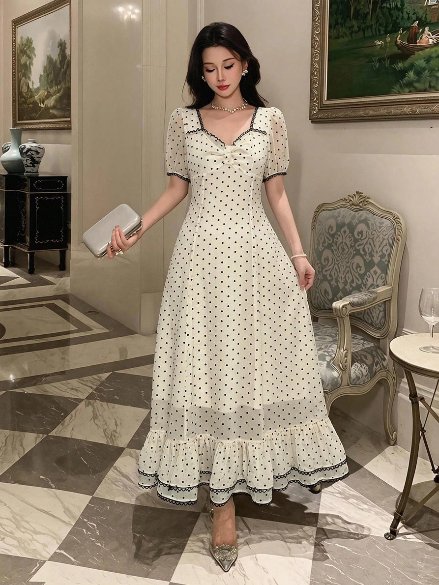 CM-DS357054 Women Elegant Seoul Style Sweetheart Neckline Puff Sleeve Polka Dot Cinched Waist Mid-Length Dress