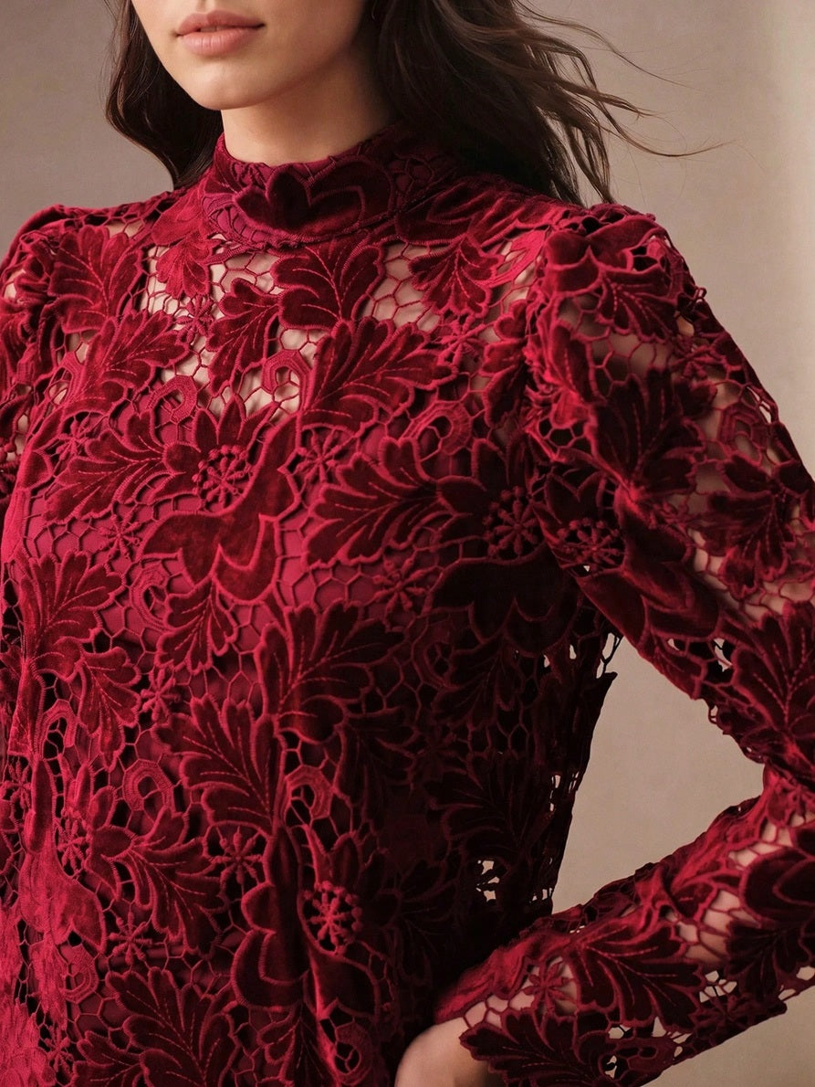 CM-TS198442 Women Elegant Seoul Style Stand Collar Long Sleeve Hollow-Out Burnout Top - Burgundy