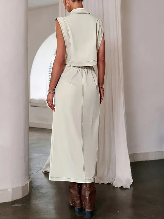 CM-ST361154 Women Elegant Seoul Style Solid Color Sleeveless Front Button Top With Half Skirt - Set