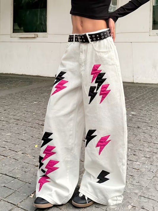 CM-BT121466 Women Casual Seoul Style Lightning Applique Loose Wide-Leg Jeans - White