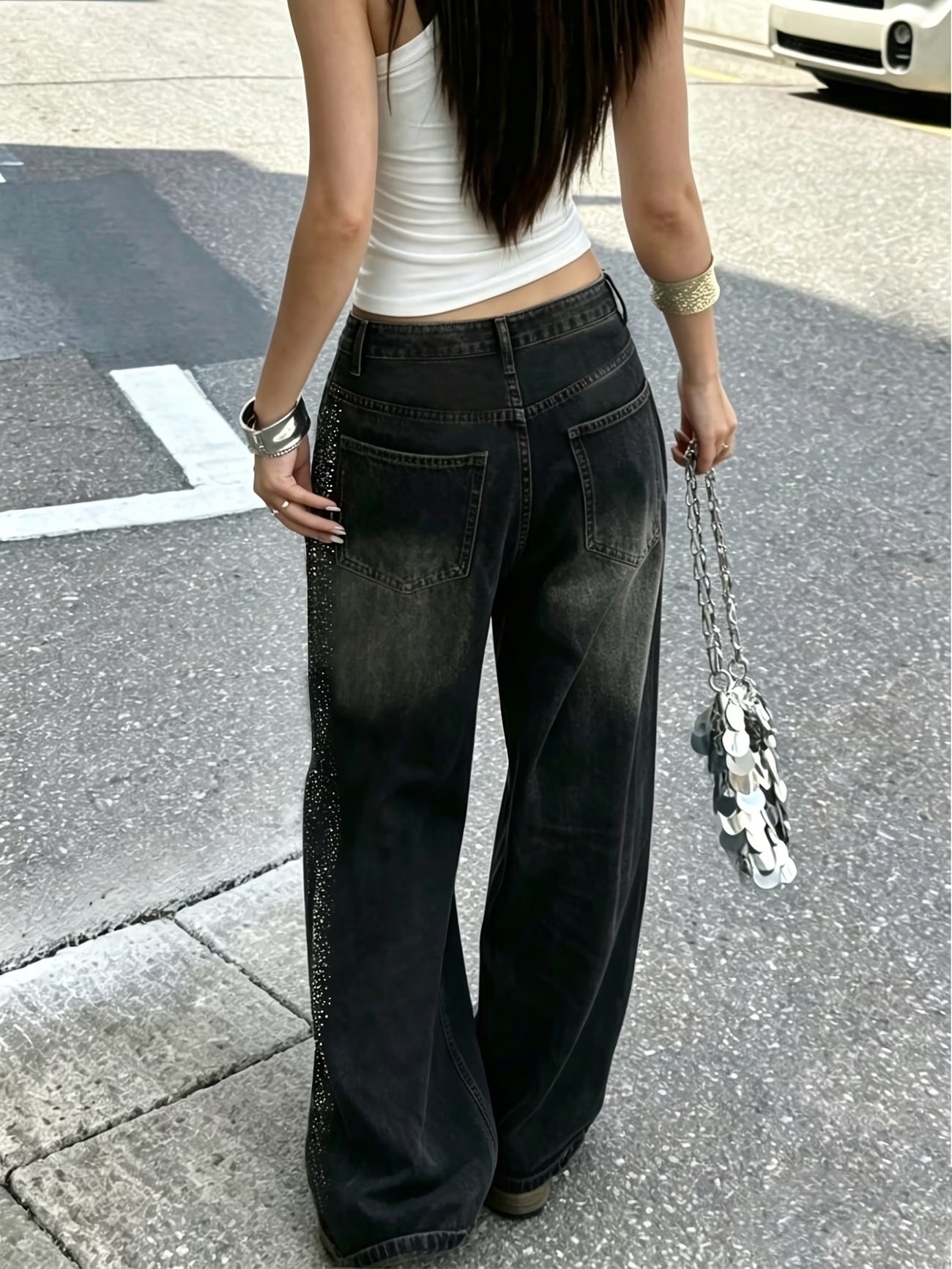 CM-BT085517 Women Casual Seoul Style Mid-Rise Rhinestone Wide-Leg Denim Pants - Black