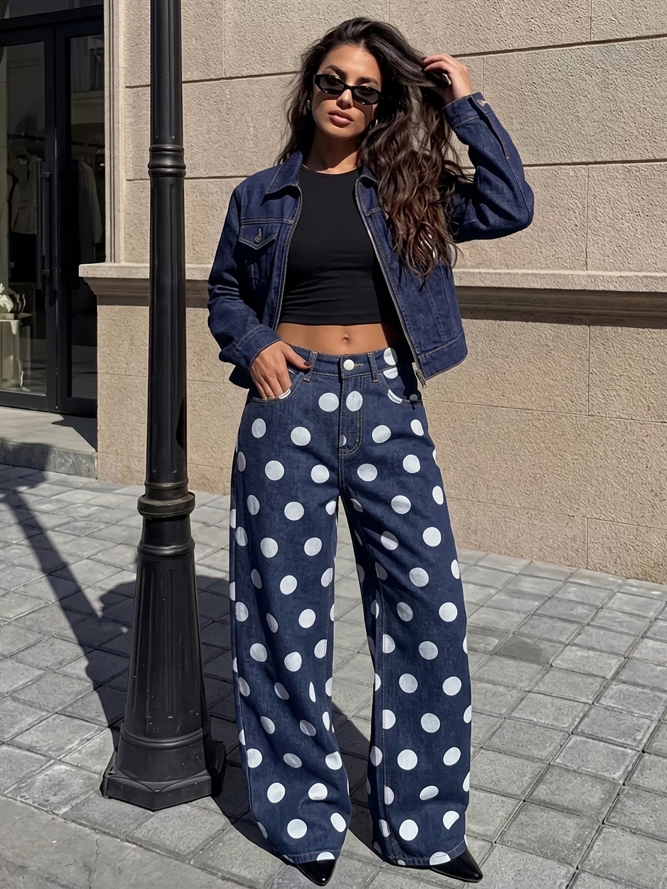 CM-BT786288 Women Casual Seoul Style High Waist Large Polka Dot Washed Wide Leg Denim Long Trousers - Deep Blue