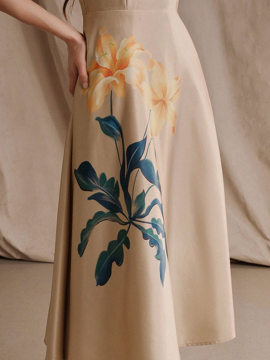 CM-DS128881 Women Elegant Seoul Style Round Neck Sleeveless Waist Cinched Floral Print A-Line Dress - Apricot