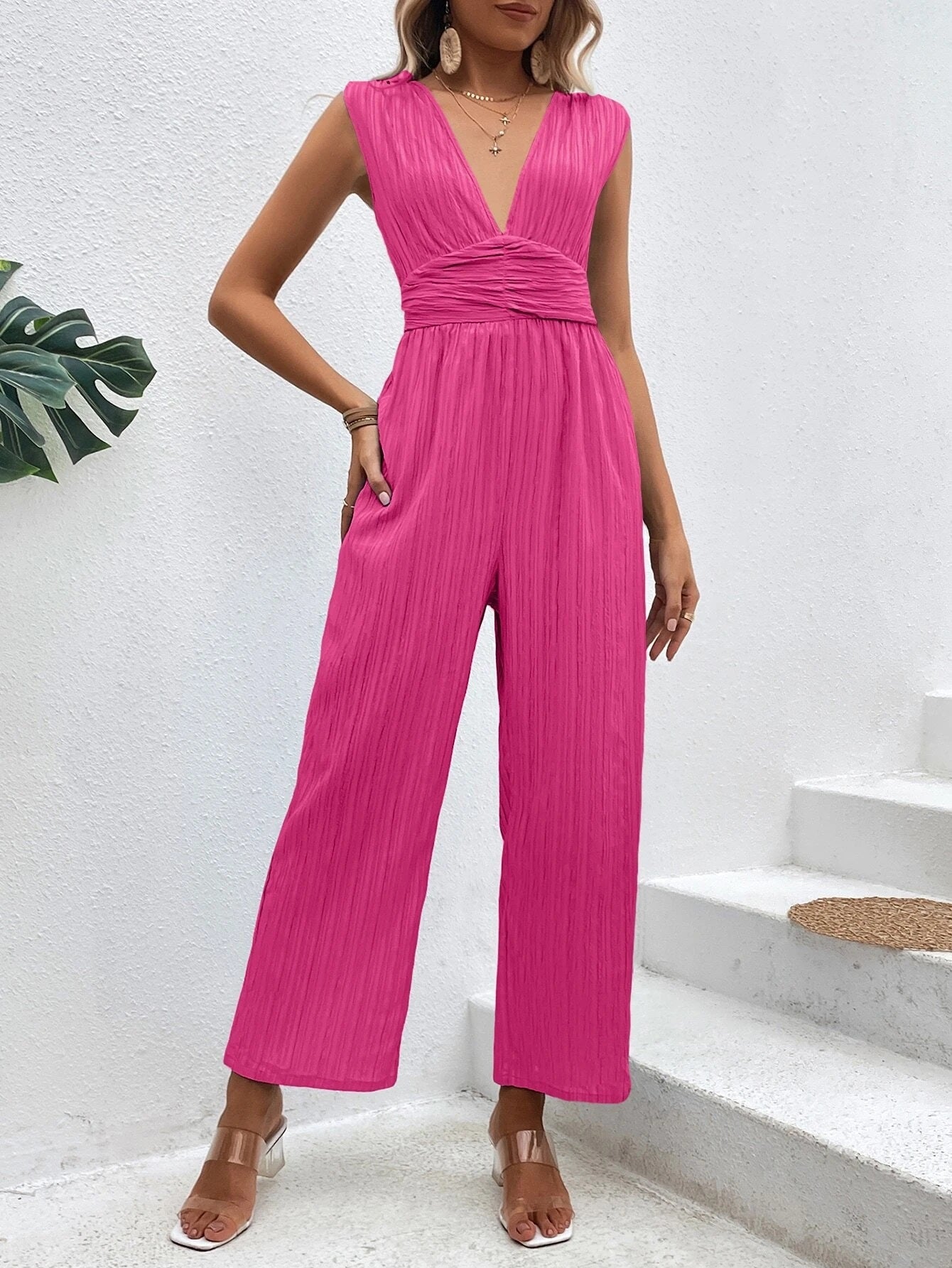 CM-JS493794 Women Casual Seoul Style Plunging Neck Tie Back Wide Leg Jumpsuit - Hot Pink