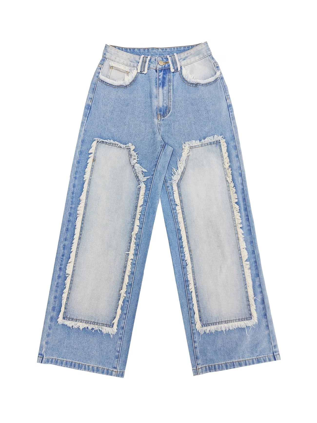 CM-BT023565 Women Casual Seoul Style Frayed Patchwork Raw Edge Panel Wide Leg Jeans