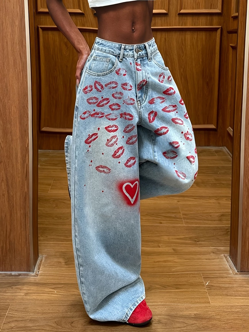 CM-BT125010 Women Casual Seoul Style Red Lip And Heart Print Loose Fit Wide-Leg Pants - Light Blue