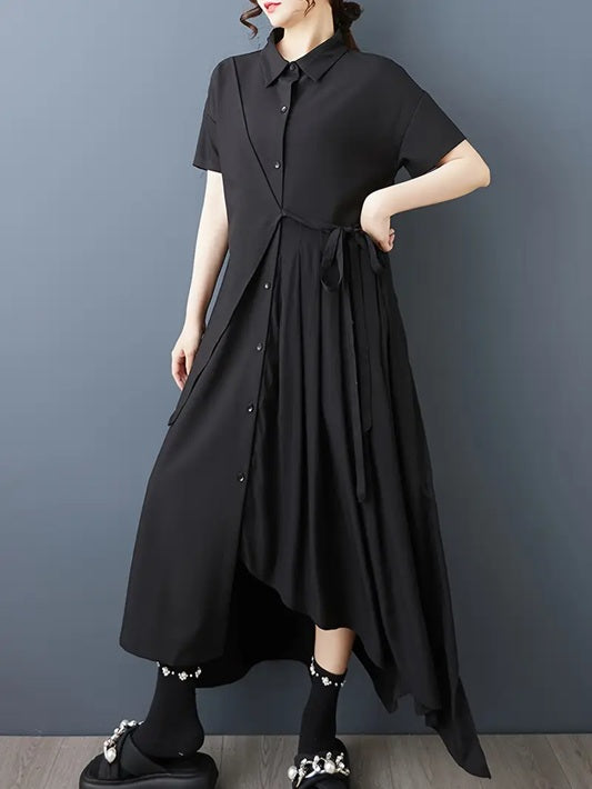 CM-DT849368 Women Elegant Seoul Style Collar Neckline Short Sleeve Asymmetricla Maxi Dress - Black