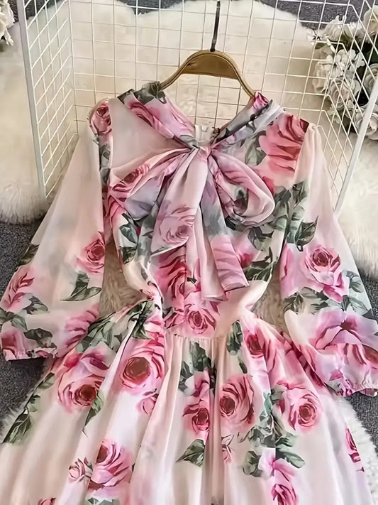 CM-DT807475 Women Elegant Seoul Style Bow Tie Floral Print High Neck 3/4 Sleeve A-Line Chiffon Long Dress - Pink