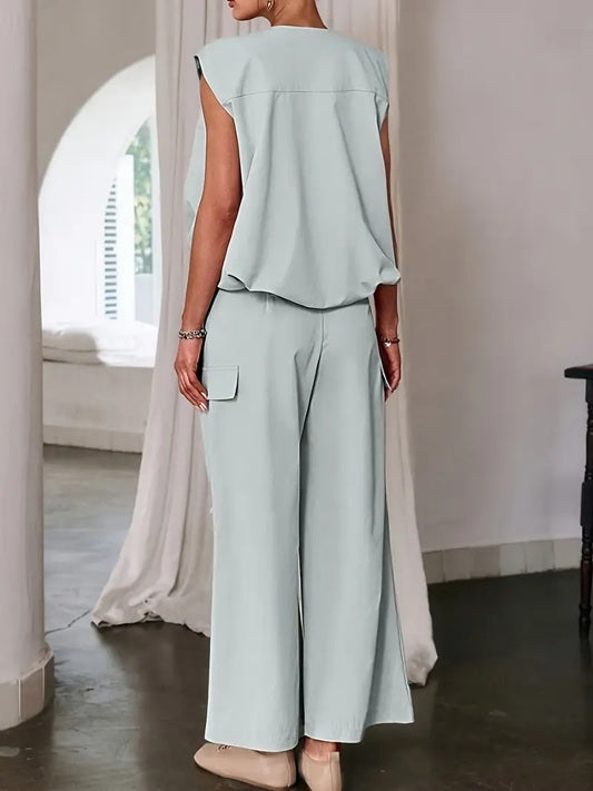 CM-ST460904 Women Elegant Seoul Style Solid Color Sleeveless V-Neck Button Details Drawstring Vest With Pants - Set