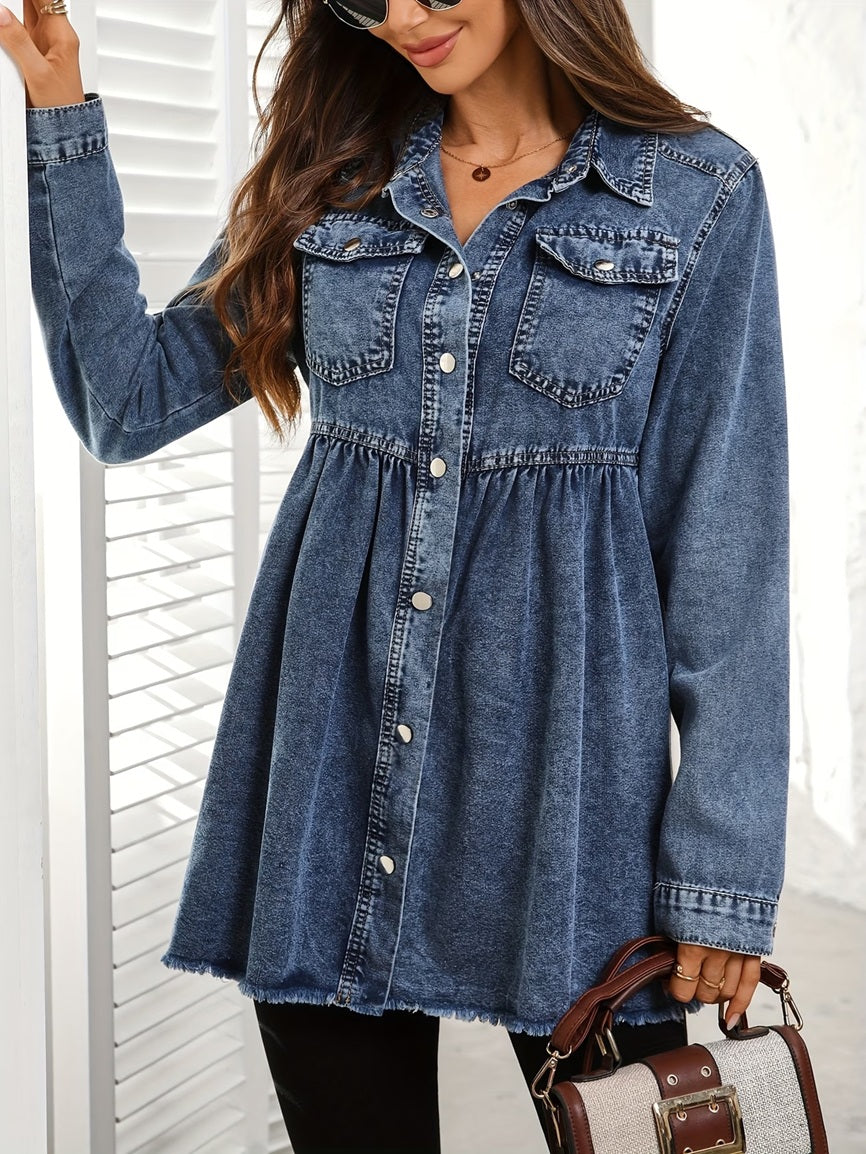 CM-CT070869 Women Casual Seoul Style Collar Neckline Long Sleeve Loose Denim Jacket - Blue