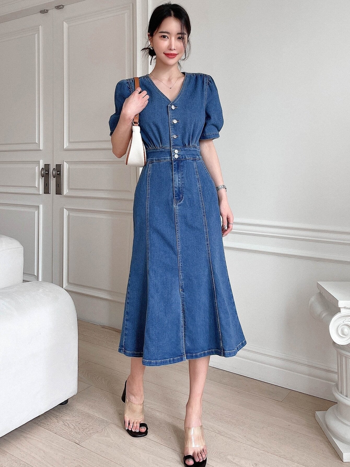 CM-DS299323 Women Preppy Seoul Style Dark Wash Puff Sleeve Button Front Denim Dress