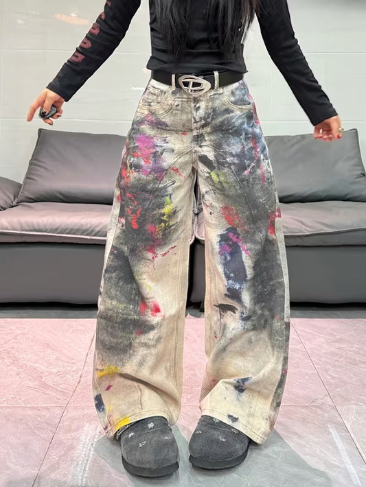 CM-BT477920 Women Casual Seoul Style Mid Waist 3D Printed Graffiti Loose-Fit Wide Leg Jeans