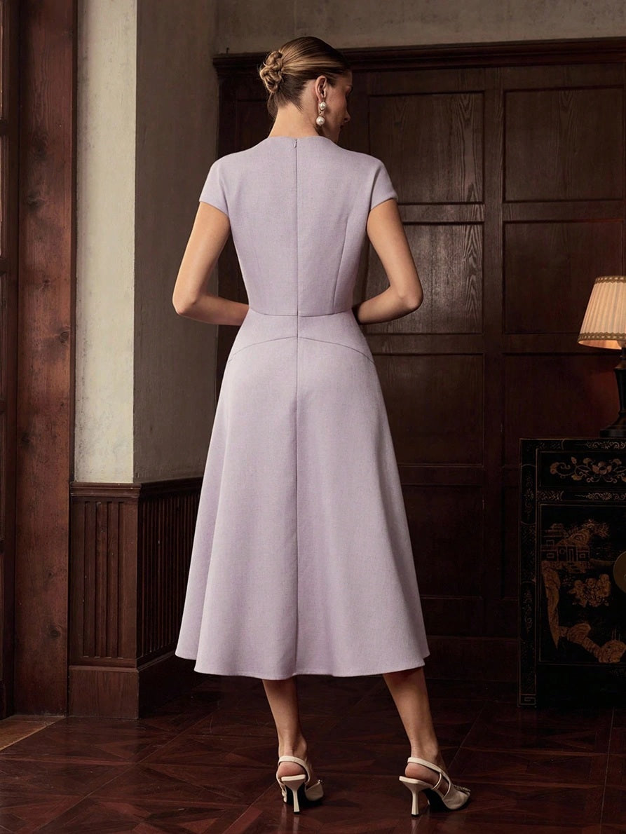 CM-DS479010 Women Elegant Seoul Style Cap Sleeve Cinched Waist Mid-Length Dress - Purple