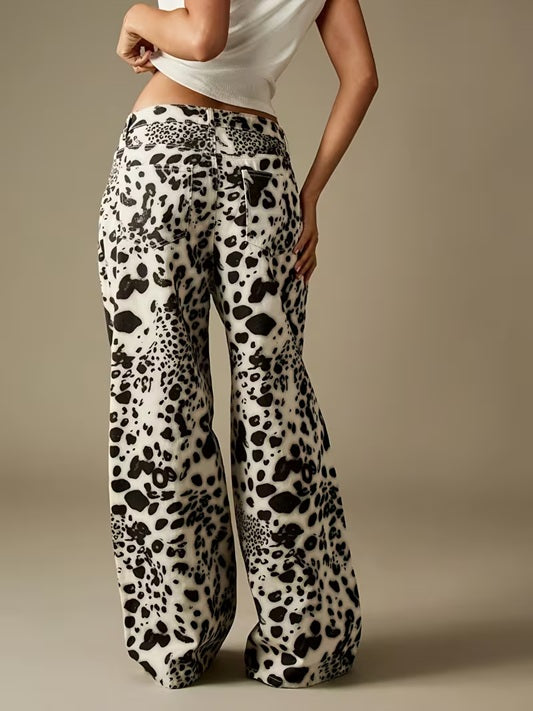 CM-BT730509 Women Casual Seoul Style Mid Waist Printed Design Washed Straight Leg Denim Pants
