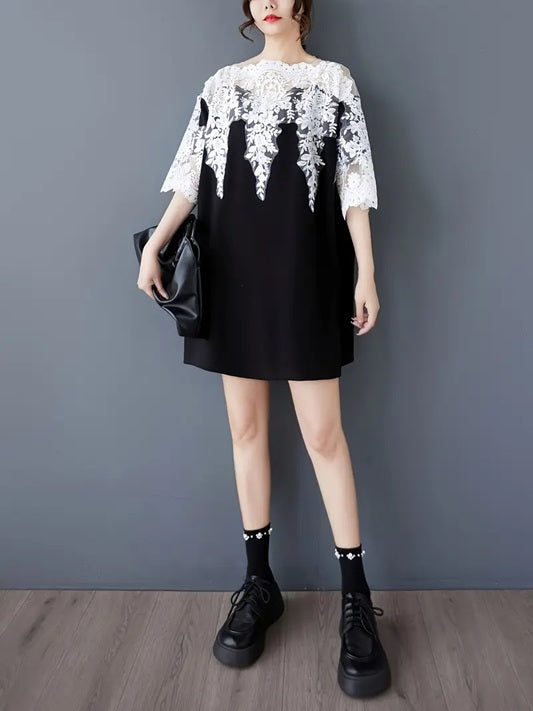 CM-DT662346 Women Casual Seoul Style Off the Shoulder Short Sleeve Hollow Contrast Lace Dress - Black