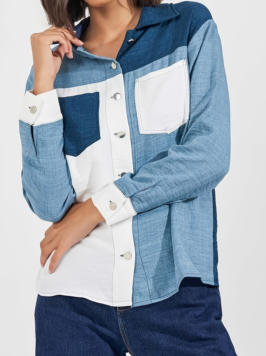 CM-CT050356 Women Casual Seoul Style Collar Neckline Long Sleeve Color-Block Patchwork Shirt Denim Jacket