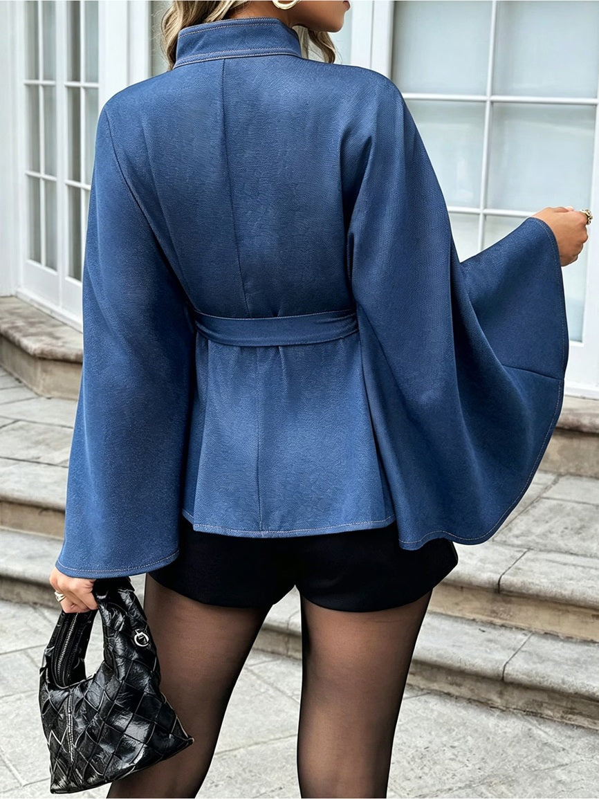 CM-CT556422 Women Casual Seoul Style Stand Collar Cape Sleeve Belted Denim Jacket - Lake Blue