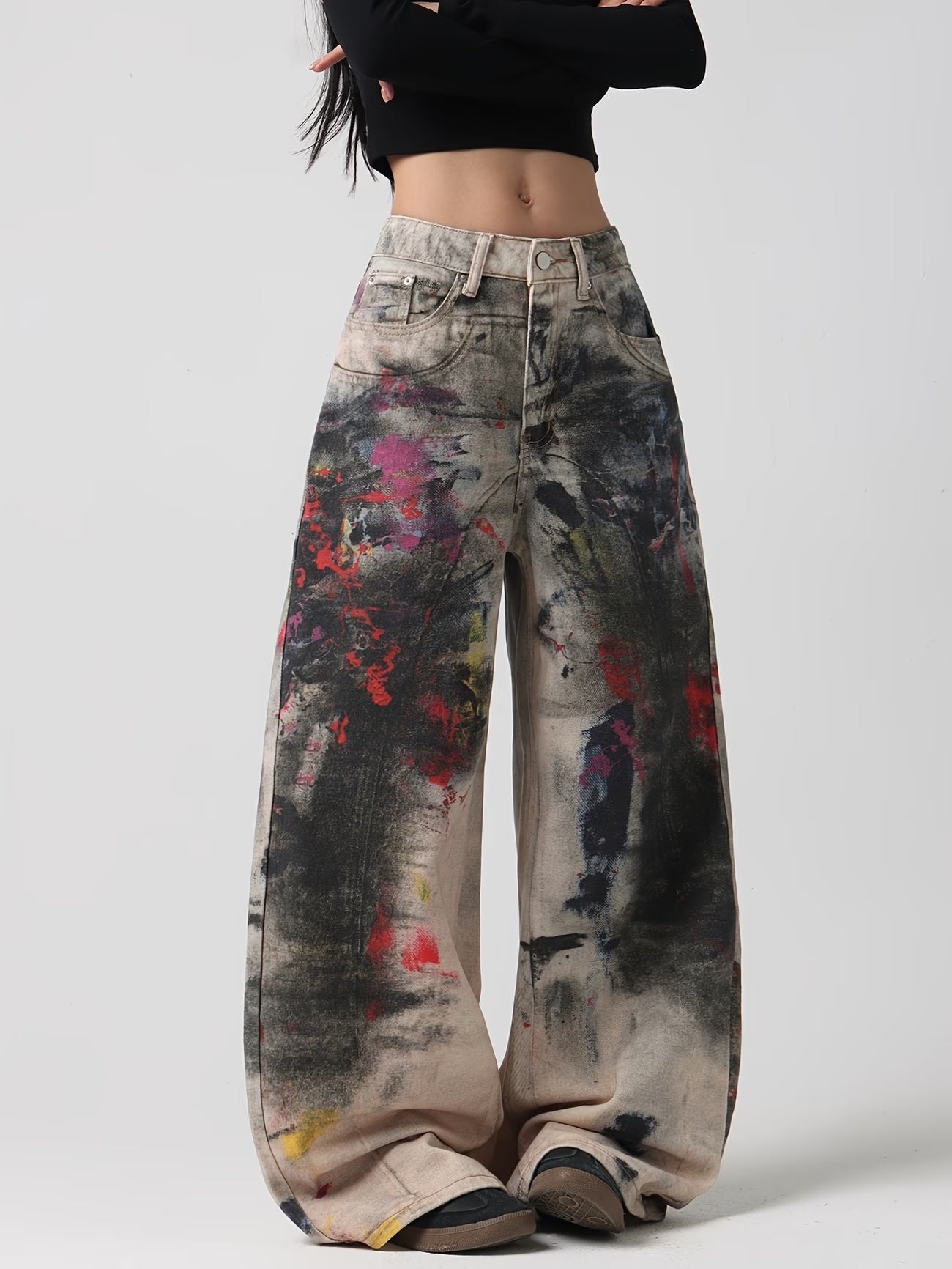 CM-BT057152 Women Casual Seoul Style 2D Graffiti Print Design Wide-Leg Jeans