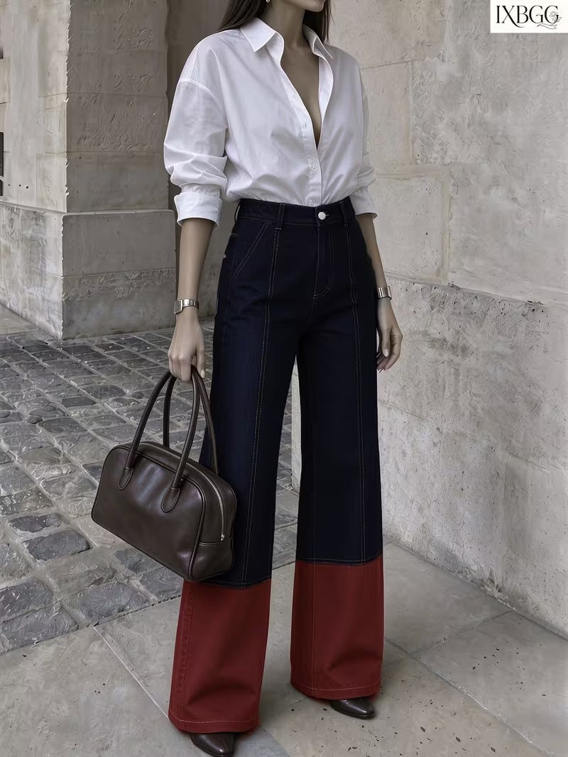 CM-BT832666 Women Casual Seoul Style Mid-Rise Blue Red Contrast Patchwork Straight Loose Wide Leg Jeans
