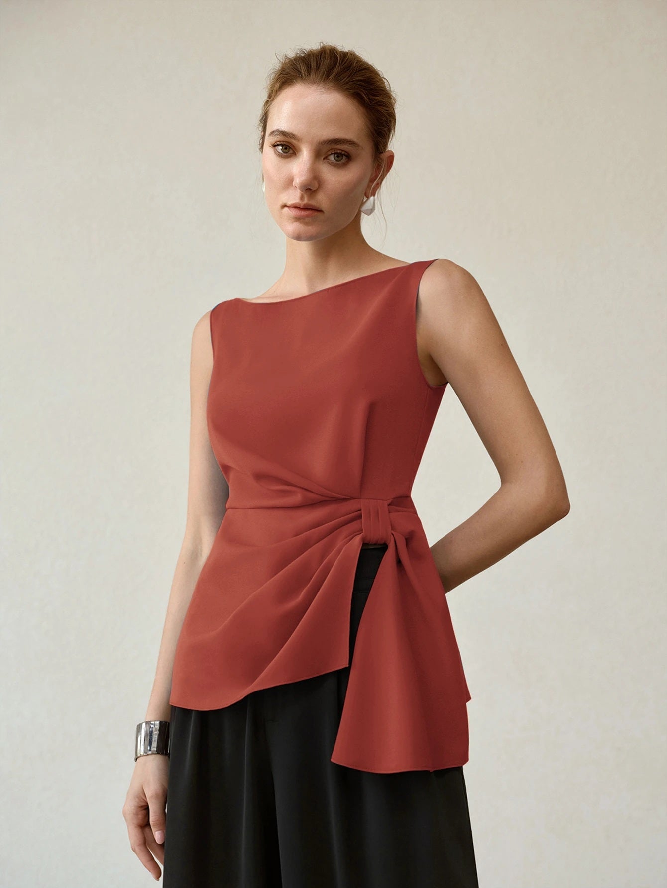 CM-TS246712 Women Elegant Seoul Style Side Knot Boat Neck Sleeveless Blouse - Burnt Orange