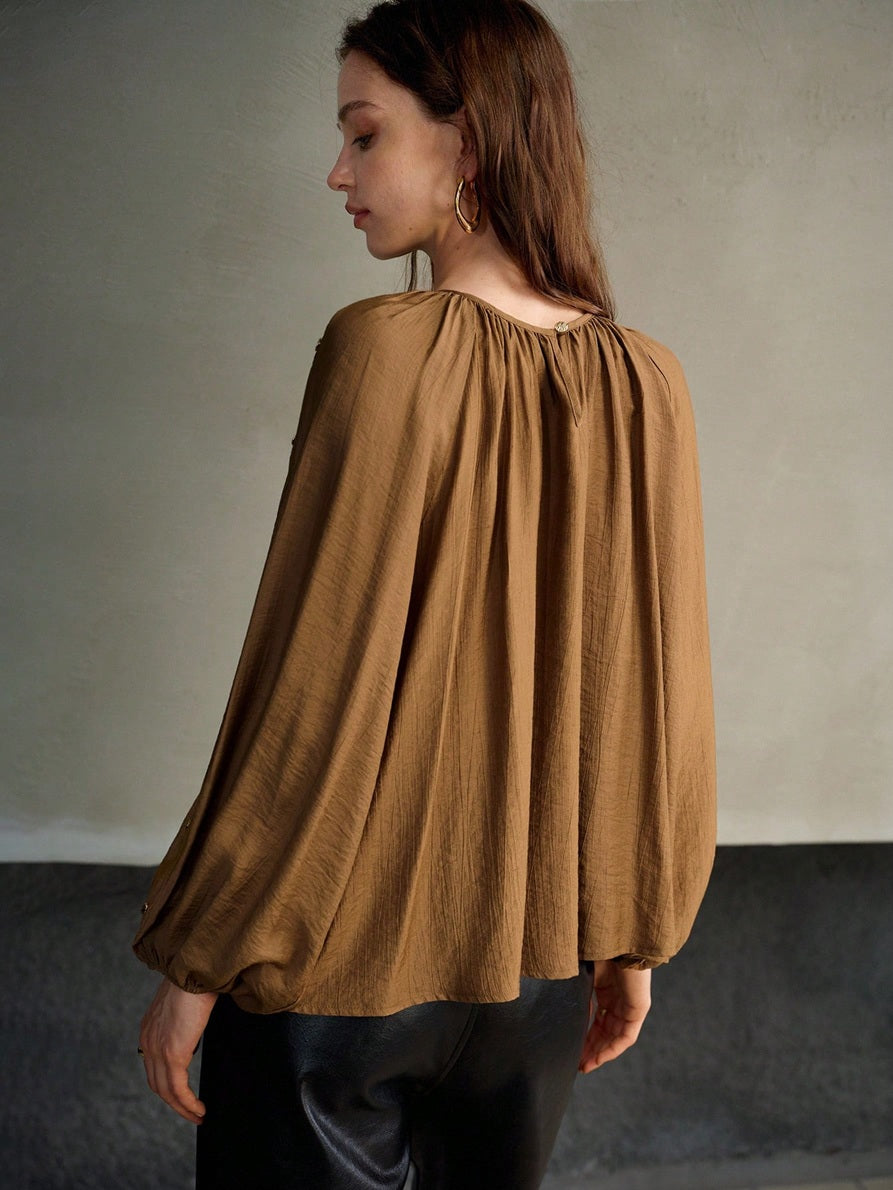 CM-TS875318 Women Elegant Seoul Style Round Neck Bishop Sleeve Linen Blend Metal Button Decor Oversized Top - Khaki