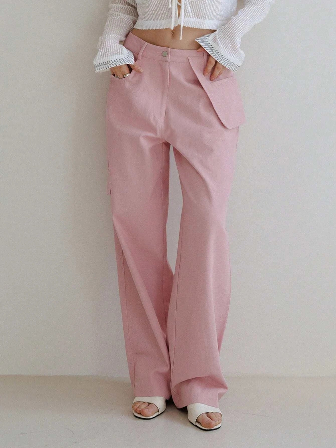 CM-BS655110 Women Casual Seoul Style Solid Flap Detail Straight Leg Pants - Pink