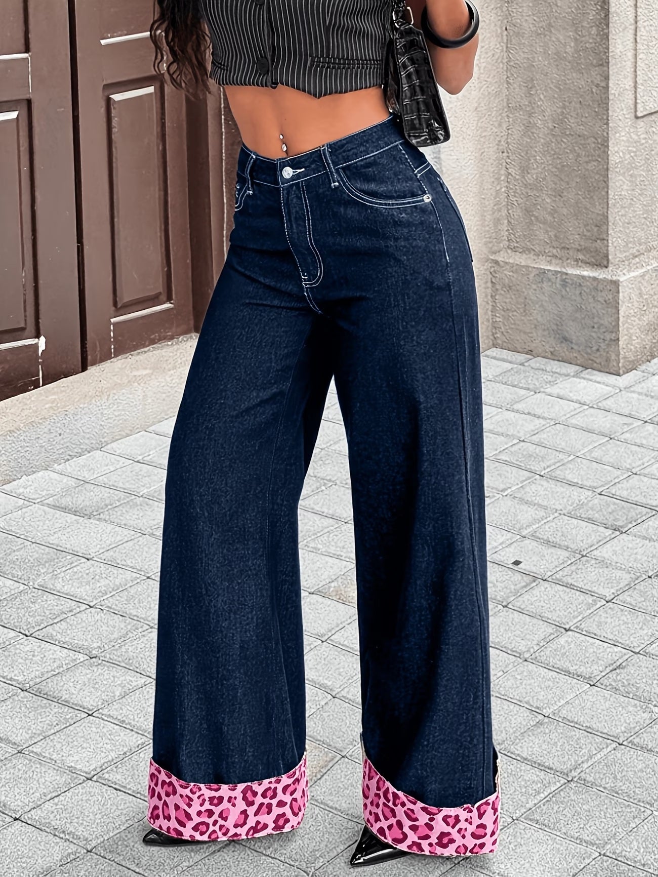 CM-BT353519 Women Casual Seoul Style Leopard Print Loose-Fitting Wide-Leg Jeans - Blue