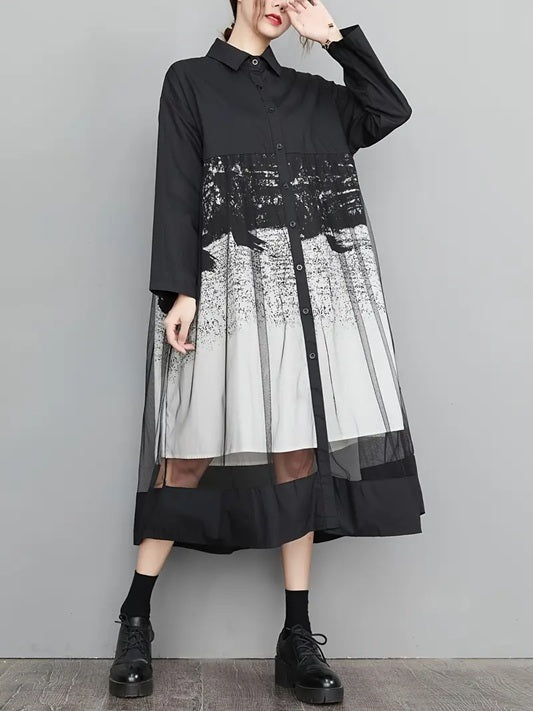CM-DT134955 Women Elegant Seoul Style Square Neck Long Sleeve A-Line Tulle Mesh Dress