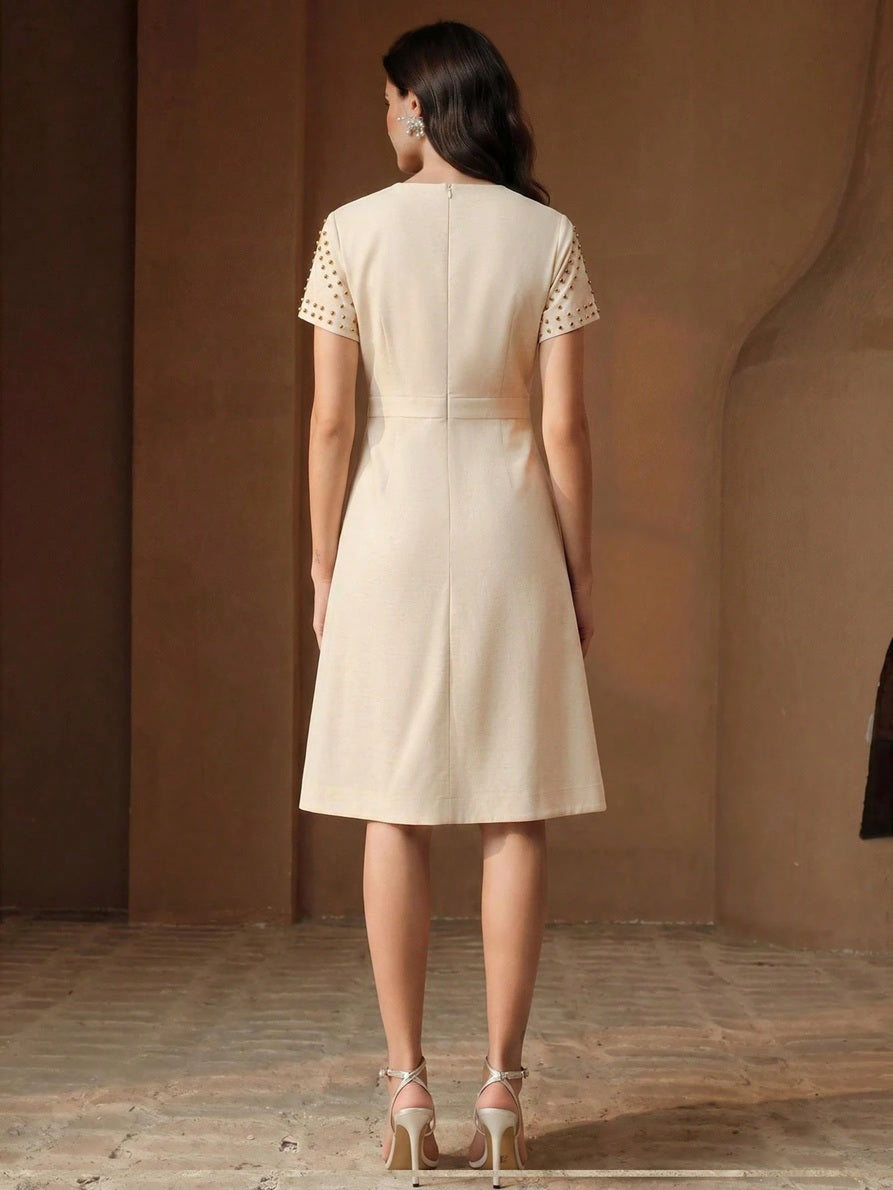 CM-DS714532 Women Elegant Seoul Style Round Neck Short Sleeve Waist-Defining Mid-Length Beaded Embellished Dress