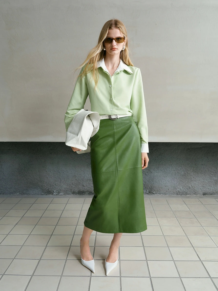 CM-BS339043 Women Elegant Seoul Style Mid Waist PU Leather Elastic Waist Split Hem Skirt - Green
