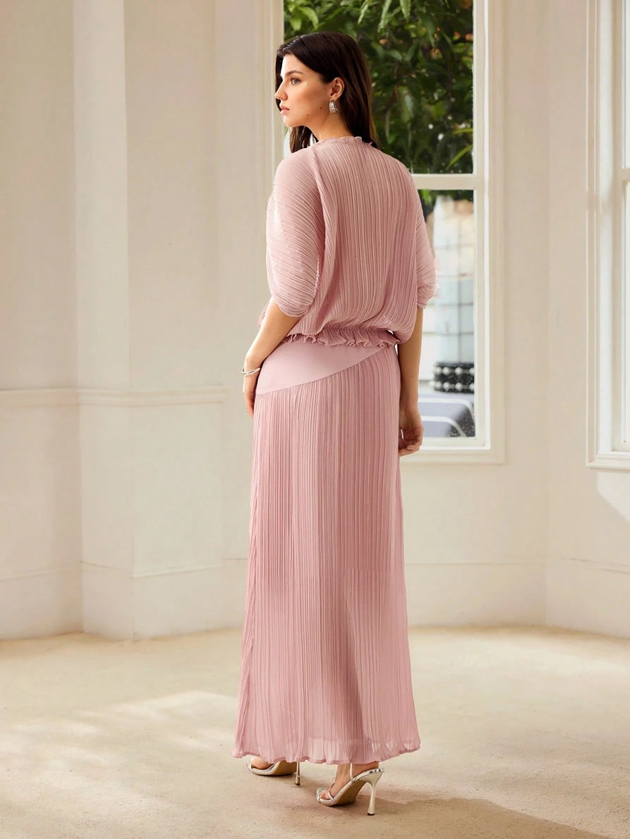 CM-SS017741 Women Elegant Seoul Style Stand Collar Puff Sleeve Pleated Top With Long Skirt - Set