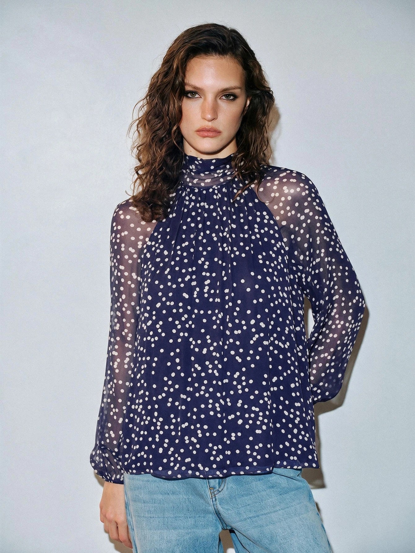CM-TS293087 Women Elegant Seoul Style Bow Tie Long Sleeve Polka Dot Chiffon Loose Fit Blouse - Navy Blue