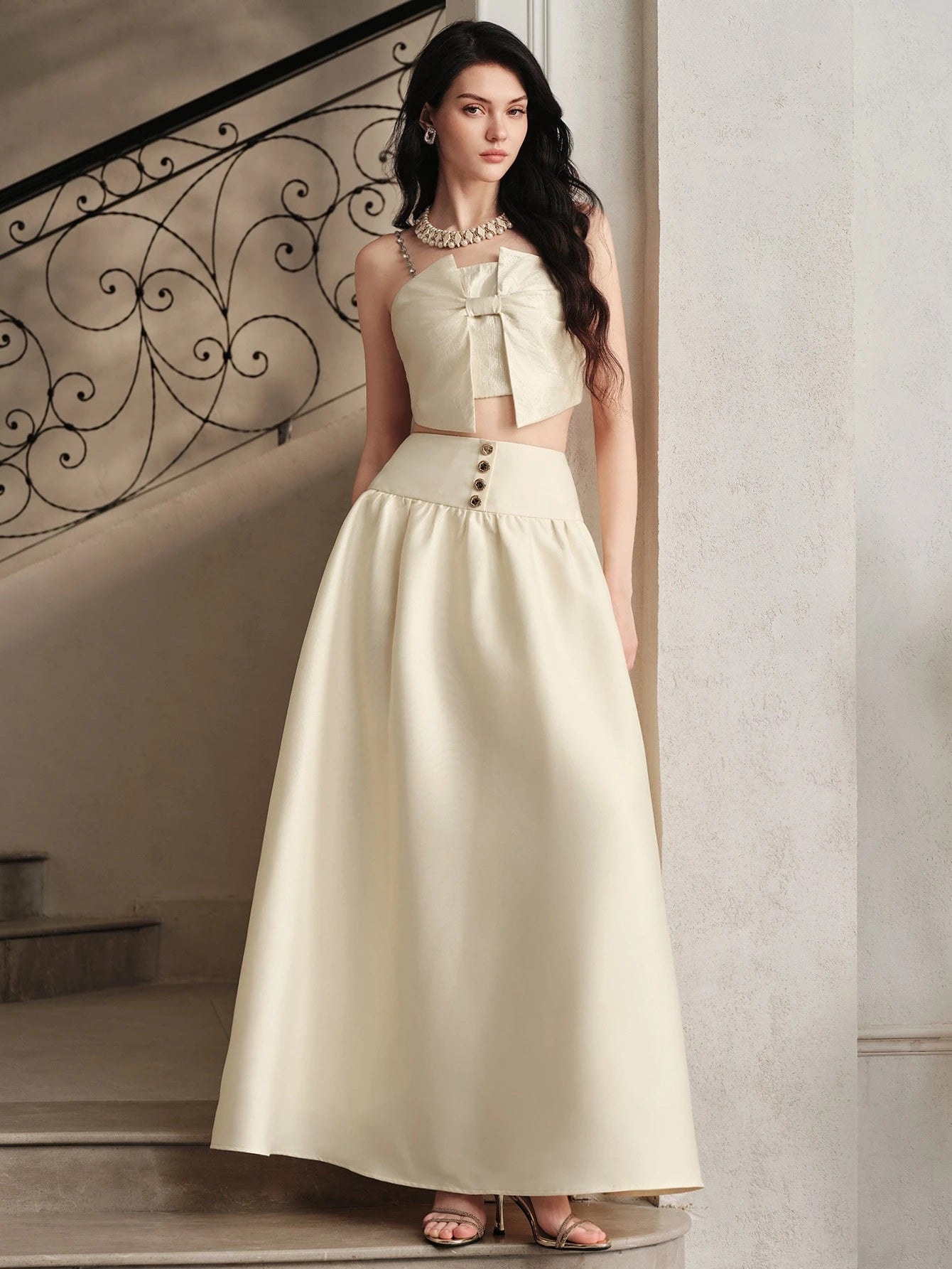 CM-BS399699 Women Elegant Seoul Style Mid Waist Ruched A-Line Flared Long Skirt - Apricot