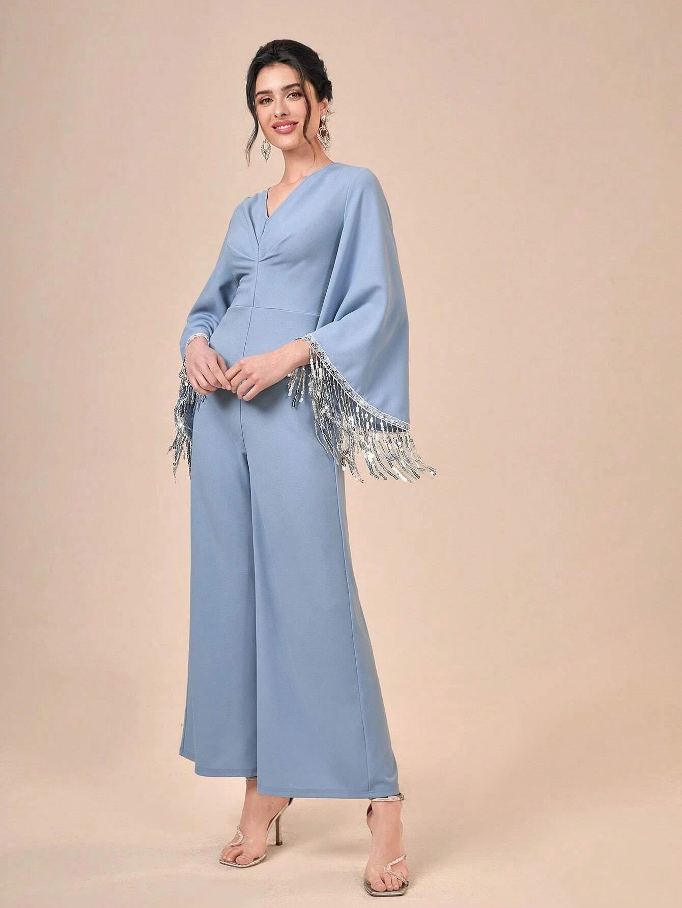 CM-JS180858 Women Elegant Seoul Style Long Sleeve Fringe Trim Wide Leg Jumpsuit - Dusty Blue
