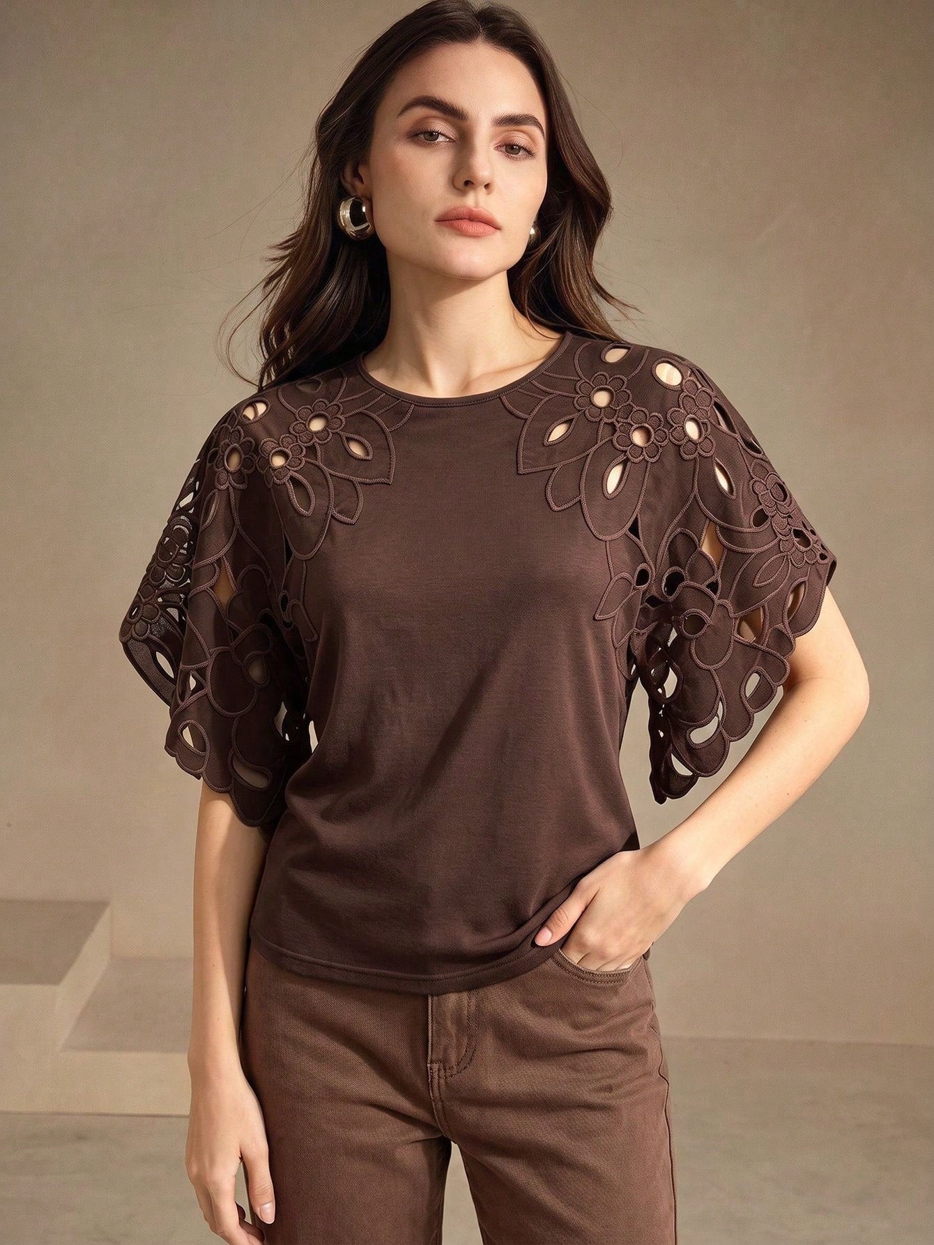 CM-TS611837 Women Casual Seoul Style Round Neck Batwing Sleeve Cut-Out T-Shirt - Brown