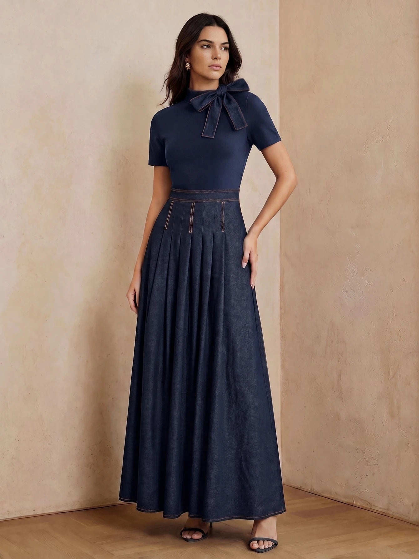 CM-DS813632 Women Elegant Seoul Style Tie Neck Short Sleeve Splice Collar Bow Decor Denim Dress - Navy Blue