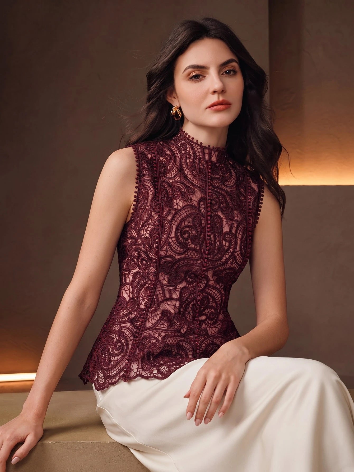 CM-TS786037 Women Elegant Seoul Style Stand Collar Sleeveless Lace Hollow Patchwork Ruffle Waist Cinched Tank Top - Burgundy