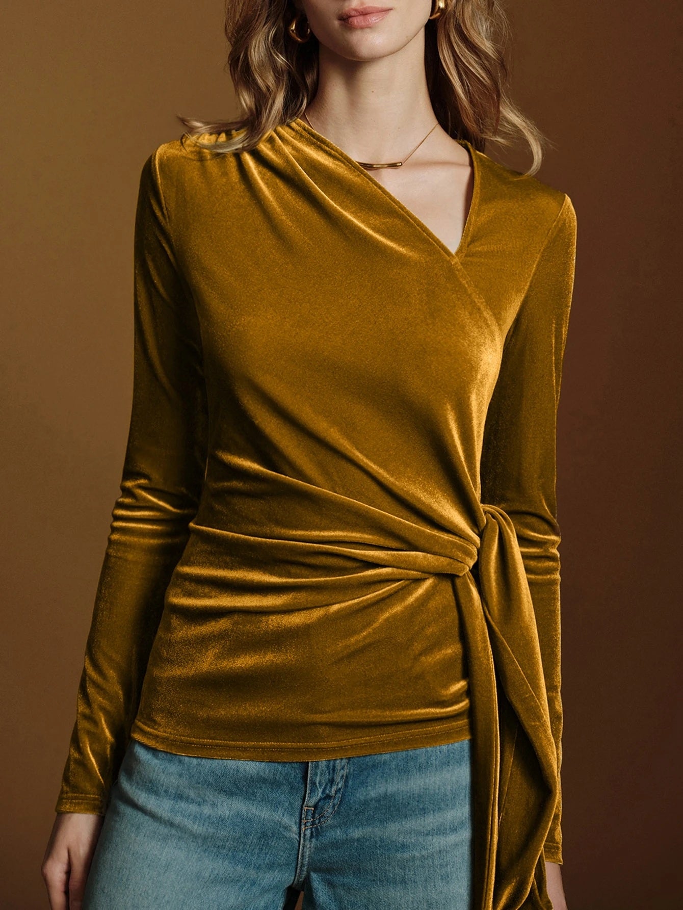 CM-TS240239 Women Casual Seoul Style Asymmetrical V-Neck Long Sleeve Twisted Tie Velvet Blouse - Yellow