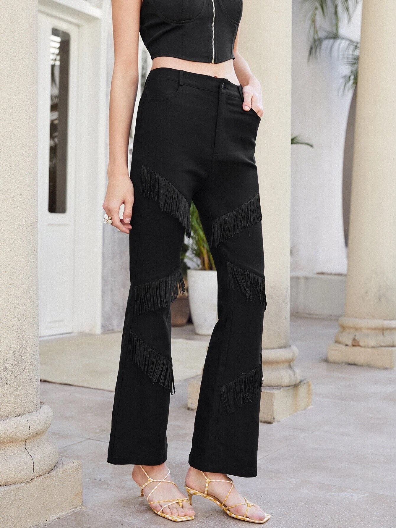 CM-BS613539 Women Elegant Seoul Style High Waist Fringe Detail Flare Leg Pants - Black