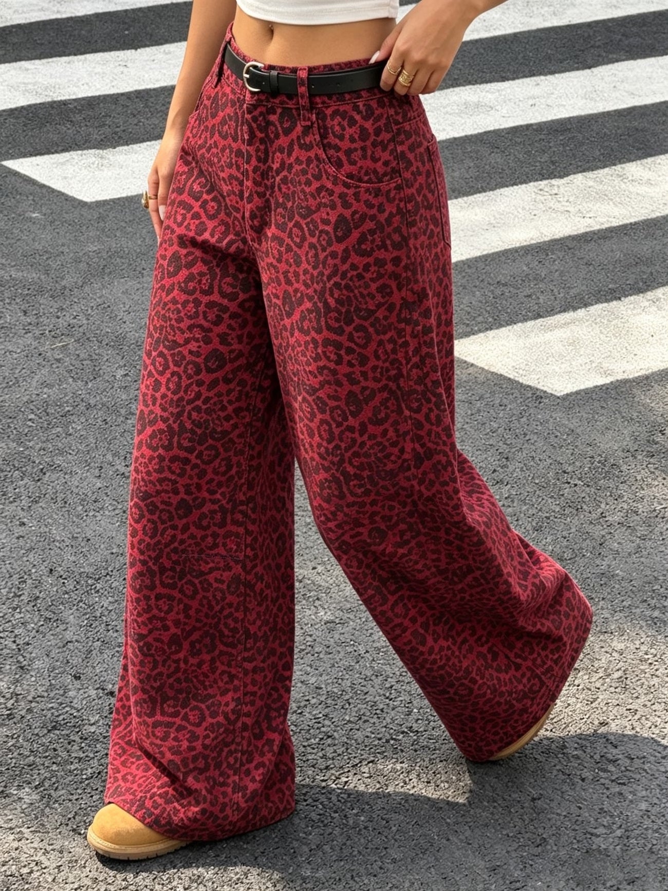 CM-BT476951 Women Casual Seoul Style High-Waist Curved-Leg Jeans with Red Base And Black Leopard Print